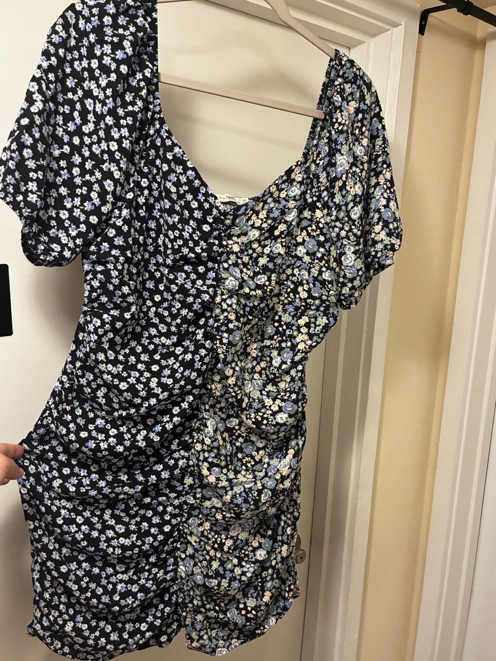Dual Floral Pattern Ruched Summer Mini Dress Form Fitting